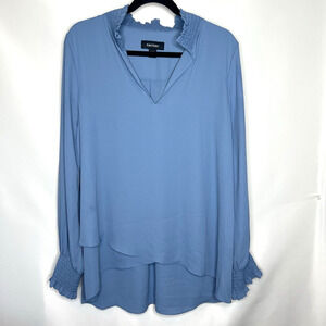Karen Kane Blouse Womens Size XL Baby Blue Layered Top Smocked Wrist & Neckline